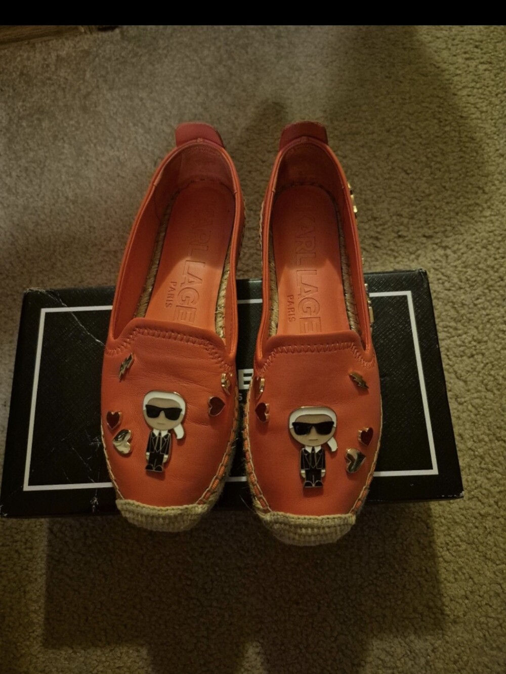 Karl Lagerfeld Paris Woman's Embellished Espadrille Flats Sunset Coral 7M